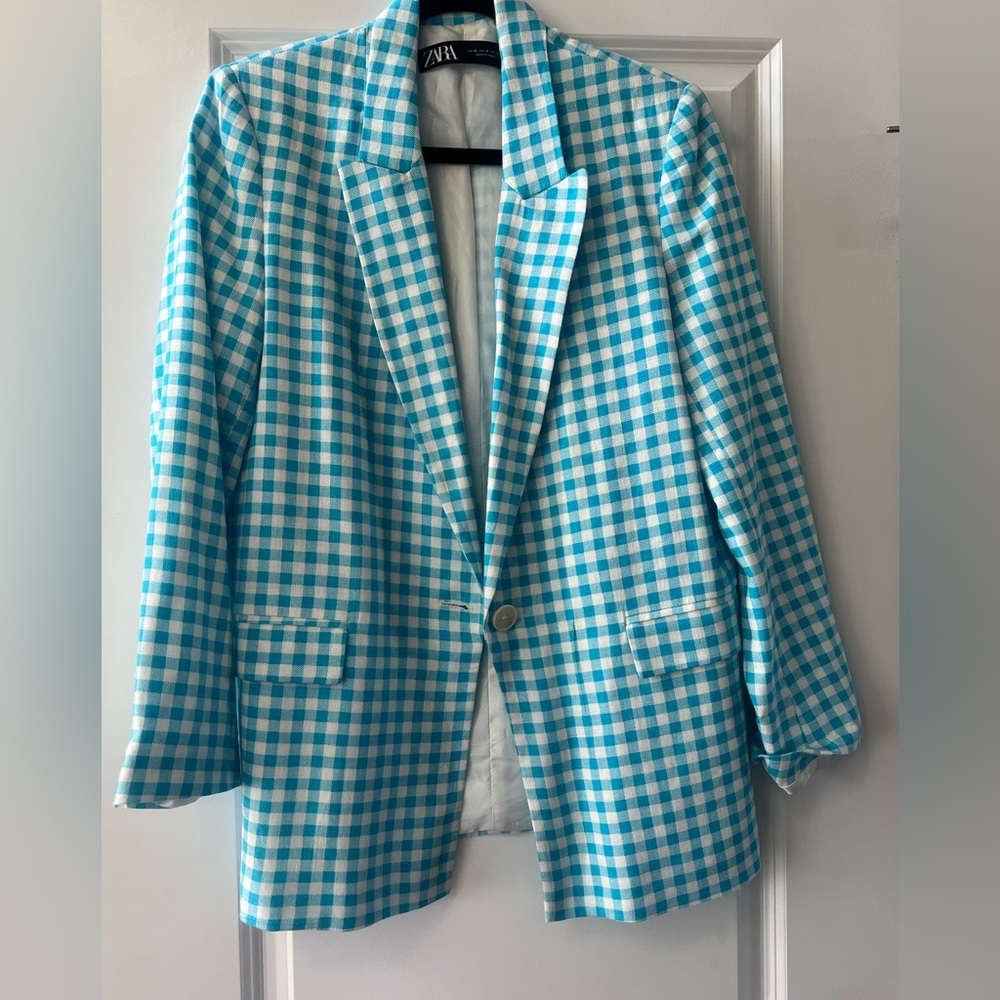 Zara Blue and White Sport Coat with Gingham Pattern